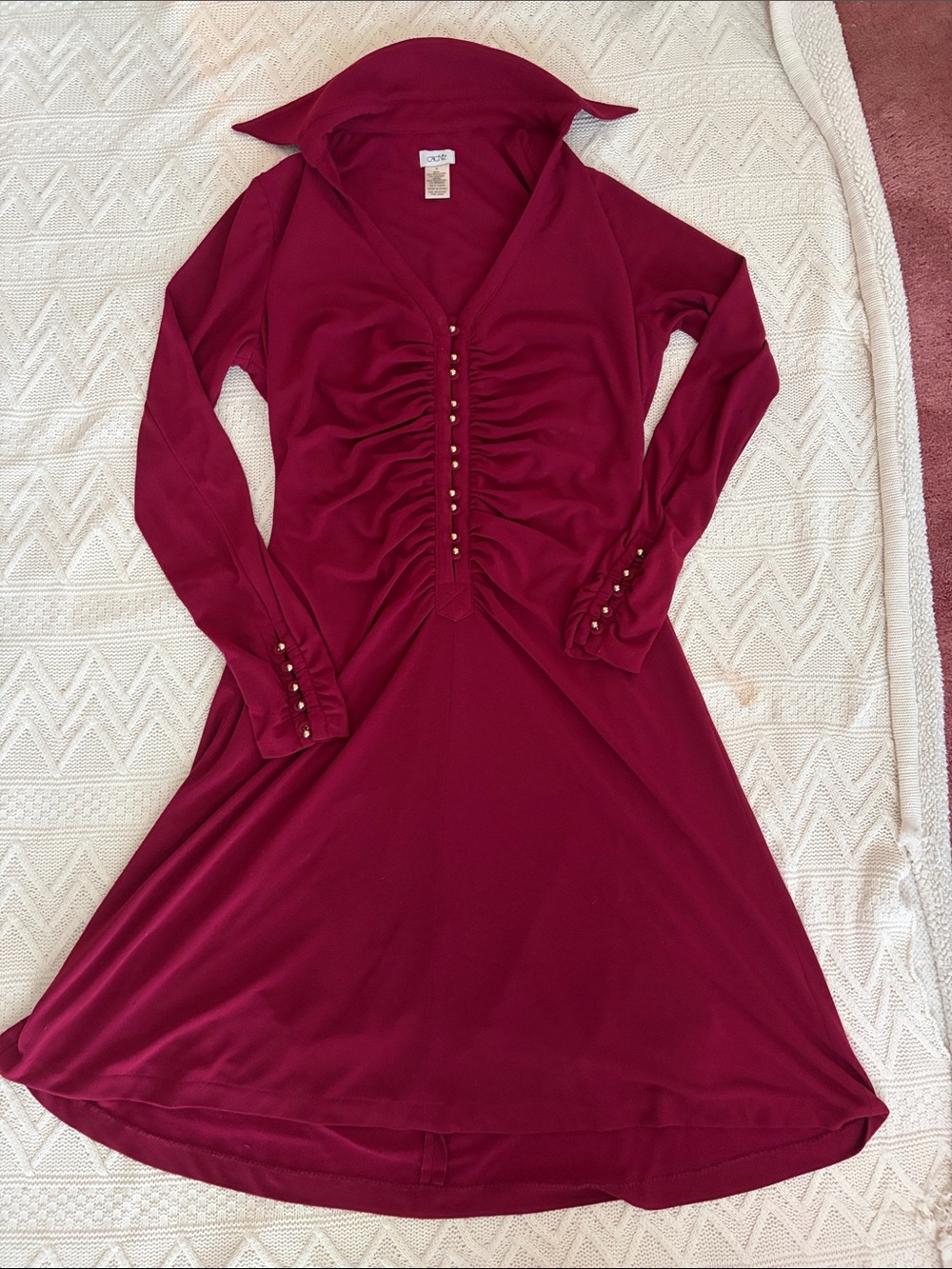 Cache Women's Wine Long-Sleeve Shirred Button Dress